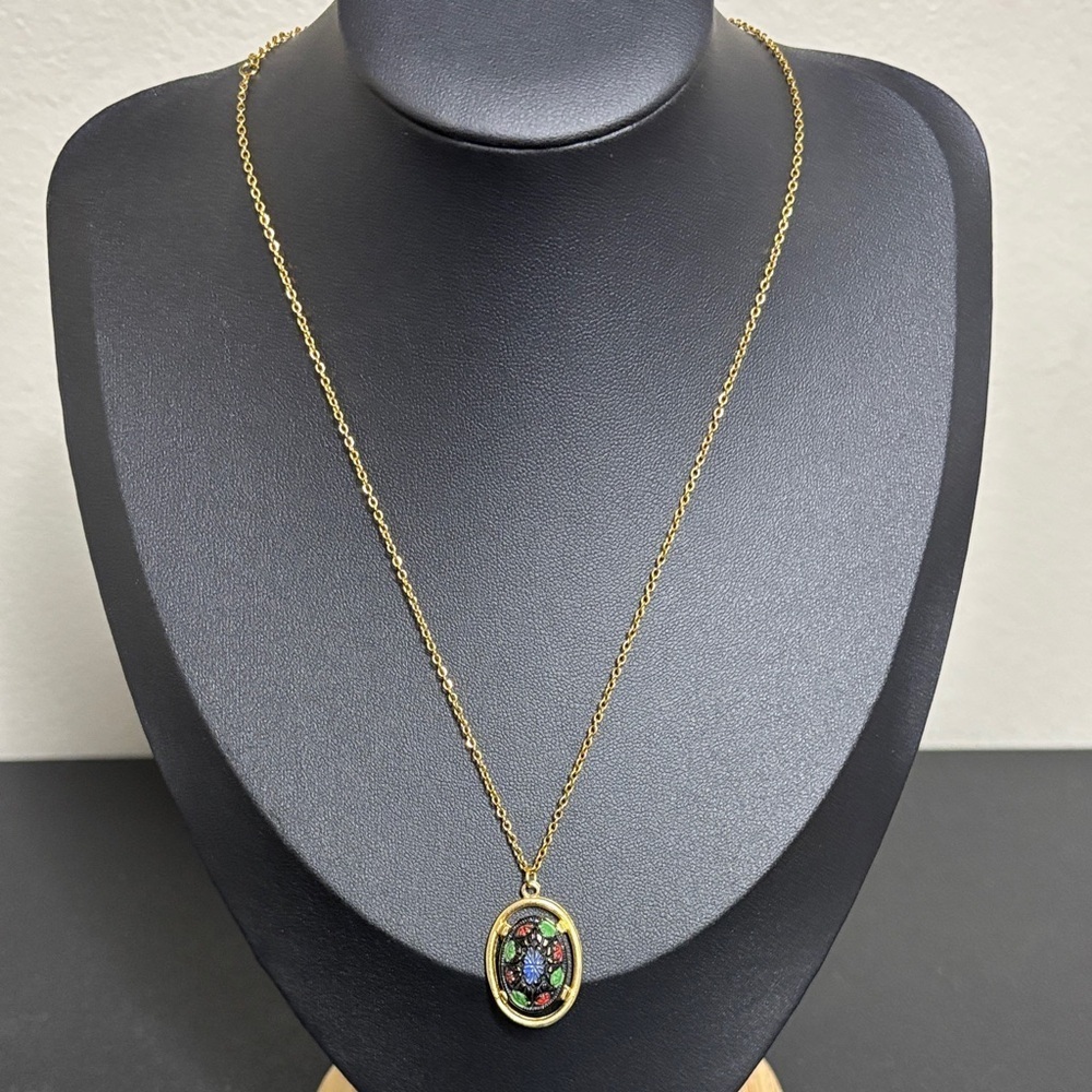 Sarah Coventry Signed Vintage Red Blue Green Antiqued Gold tone Floral Necklace